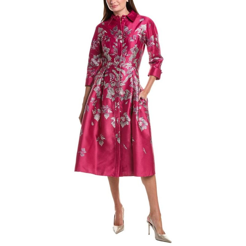 Teri Jon By Rickie Freeman Womens Metallic Jacquard Floral Shirtdress, Pink - Picture 1 of 3